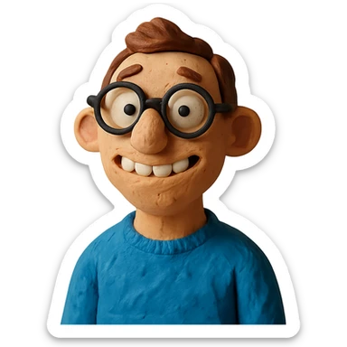 claymation style dorky character with glasses and awkward smile sticker