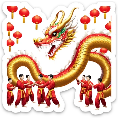 Cinematic Realistic scene of a traditional Chinese Dragon Dance featuring a team of performers skillfully manipulating a colossal, flexible dragon puppet, its intricately detailed, vibrant scales and flowing, embroidered fabric catching the light, set against a festive backdrop of red lanterns and dynamic red-tinged lighting that accentuates the majestic presence of the dragon puppet. sticker