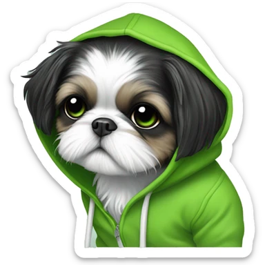 black and white shihtzu puppy with green frog hoodie sticker