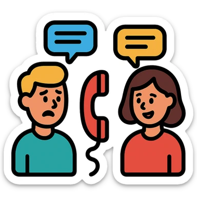 two people having a conversation on two sides of a land line phone, clear visual separation, expressive faces, modern color icon style sticker