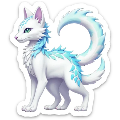 Kawaii white iridescent edgy fantasy feline-vernid-sergal-fursona animal creature with a tufted tail full body with intricate markings  sticker