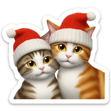 Two cats selfie hugging, the left one is wearing a red bobble hat sticker
