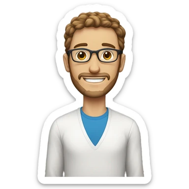 white man with blue eyes, brown hair, roundglasses, unshaven, no body, smiling sticker