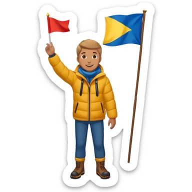 cheerful man stands on a mountain with some snow, waving a flag, the mountain is visible under his feet sticker