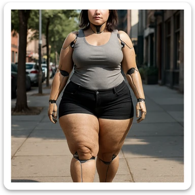 hyper realistic 4K gynoid woman walking outdoors, fat on legs and thighs, urban background, relaxed atmosphere sticker