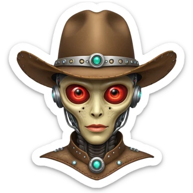 Close-up portrait of a biomechanical alien cowboy, half organic half robotic face, metallic textures blending with alien skin, glowing red eye, futuristic cowboy hat, moody lighting, ultra realistic detail, cyber-western style
 sticker