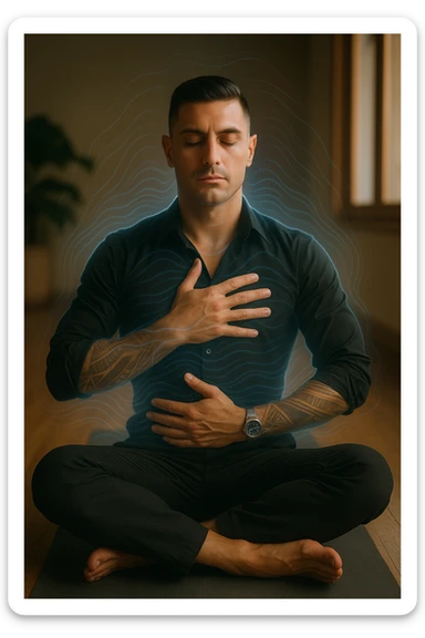 A highly realistic, cinematic portrait of a man in his early 30s with a calm, focused expression, sitting cross-legged on a yoga mat in a softly lit room. His eyes are closed, and he is performing deep diaphragmatic breathing, with one hand resting on his chest and the other on his abdomen, visibly rising and falling with each breath. A subtle glow or faint blue light outlines his body, symbolizing calm energy and nervous system regulation. Around him, faint symbolic waves or flowing lines in blue tones represent the breath calming the autonomic nervous system, while a soft warm light from a window illuminates his relaxed face. The atmosphere is peaceful and grounded, with warm natural tones and a clean, minimalist setting, evoking the feeling of inner calm and nervous system reset through conscious breathing. Style: 35mm hyperrealistic film photography, soft depth of field, warm lighting with clear focus on the man's peaceful face and breathing posture sticker