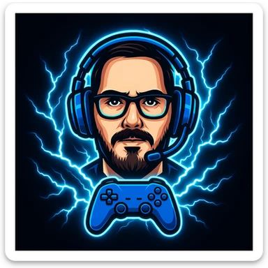 Make a cool streamer logo based on the reference photo. Add a blue headset, a controller, and intense blue lightning effects, with a glowing outline for a high-energy look. sticker