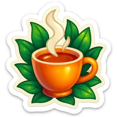 sticker featuring a steaming tea cup, forest leaves, and a raven perched on a stack of books, soft textured dark academia and cottagecore style, warm muted colors, torn paper and ink drawing textures, aesthetic and literary sticker