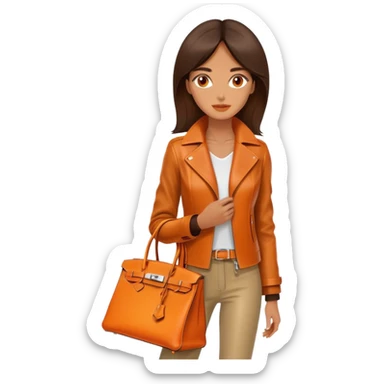 Exotic and tan woman wearing a leather Hermes jacket. She has an orange Hermes Birkin Bag. I want the image to be close up.  sticker