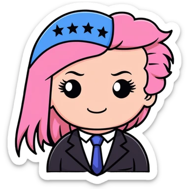 Donald trump with pink hair, long lashes, long nails, and a pride flag sticker