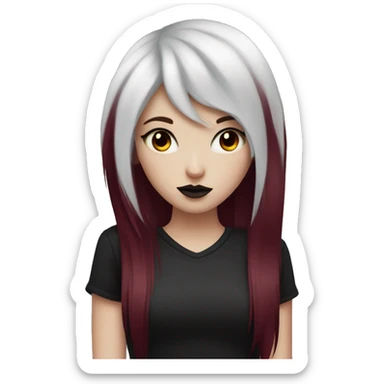 Pale girl with black eyeshadow and burgundy red  colored hair with an emo haircut that’s long and layered holding a black cat sticker