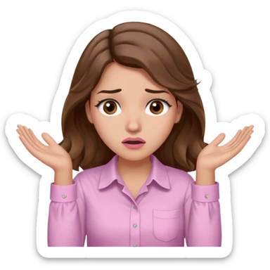 girl with wavy long brown hair, brown eyes, light to medium complexion, long lashes, light pink lipstick, wearing light pink shirt, shrugging with both hands, confused sticker