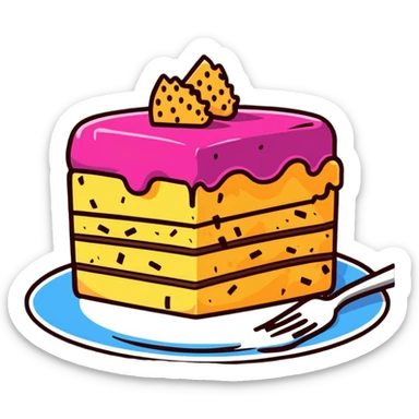 half-eaten cake with crumbs around it and a fork nearby sticker