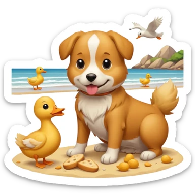 Hund am strand mit enten die brot essen sticker