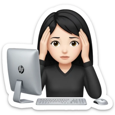 A girl is in front of a computer and is holding her head.The one with black hair And the computer is of a certain type hp sticker