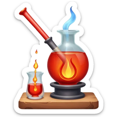 Glassblowing and casting icon, molten glass being shaped into a delicate object with a blowpipe, glowing red-hot glass being poured into a mold, unfinished glass sculpture, minimalistic style, clean lines, transparent background. sticker