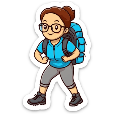 Woman in her late 30s with glasses wearing sporty outfit, hiking boots, and backpack looking happy and curious sticker