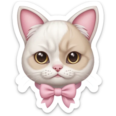 A White grumpy cat with light pink ears and paws and with a bow around its neck sticker