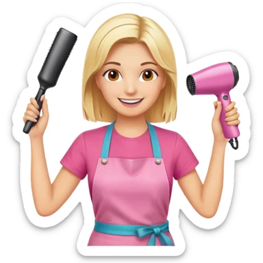 smiling blonde woman hairstylist wearing pink t-shirt and orange apron, hands raised, holding scissors and hairdryer sticker