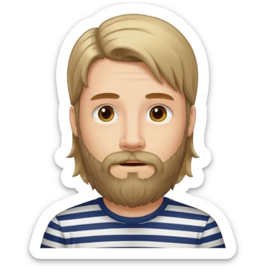 He has long hair and a beard but no moustache and wears a vertically striped t-shirt. sticker