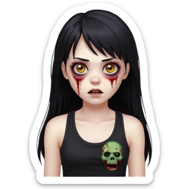 Crie um emoji de zumbi garota do iphone que tenha o cabelo preto longo, de cumprimento no peito, que tenha uma franja no tamanho da sobrancelha, com os olhos escuros e que use uma regata preta sticker
