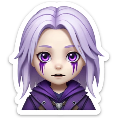 Chibi Sable Ward from Dead by Daylight with long white hair with purple streaks and fully purple eyes, detailed and expressive, cute exaggerated style with large expressive eyes and clear emotion sticker