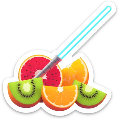 fruit being sliced by a glowing lightsaber, energetic, dynamic, vibrant colors, sense of action, glowing saber effect sticker