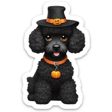 Black mini poodle wearing a pumpkin hat sticker