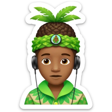 Create me an emoji of a cool Young Nigerian prince wearing a neon green gradient African patterns with  a "hula hat" (a Nigerian-inspired hat) and wearing earpods. sticker