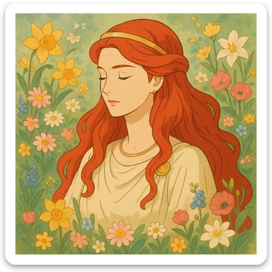 Persephone with vibrant red hair, surrounded by spring flowers, gentle and regal, mythological theme sticker
