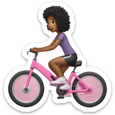 Girl with black curly hair riding a pink stationary bike sticker
