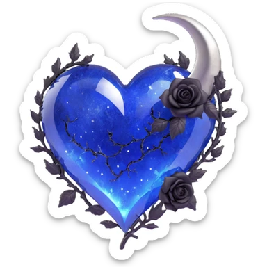 gothic heart made of midnight blue glass with silver crescent moon, tiny black roses, shimmering stardust, frost and ice effect, lightning bolt, cracked glass texture sticker