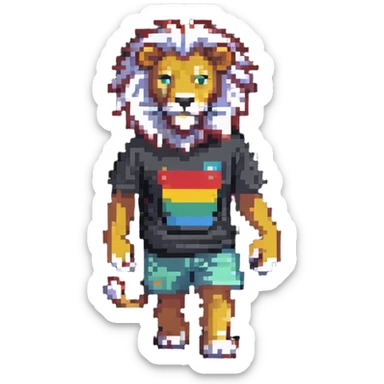 retro 1950s anthropomorphised lion in a t-shirt and shorts, walking sticker