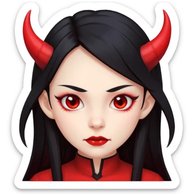 Head only demon girl; face with pronounced cheekbones and angular jaw; skin is uniform pure red (#FF0000) everywhere; long straight smooth black hair; small horns sticker