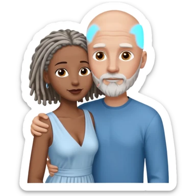 Tall bald white man with a short white beard and blue eyes in a lovingly embrace with a black woman with brown eyes and grey hair dreads sticker