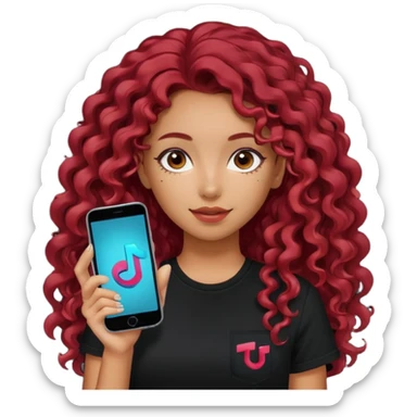 A girl with long, dark red curly hair, wearing a black T-shirt, is holding a phone with the TikTok icon sticker