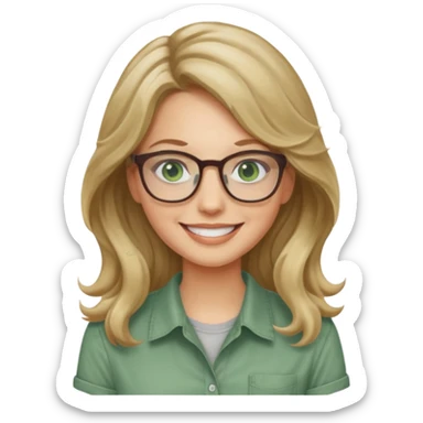 long wavy dirty blonde hair woman with green eyes and glasses smiling sticker