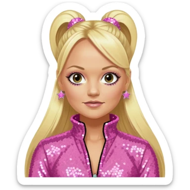 Emma Bunton from Spice Girls with long blonde two high ponytail hair, pink sequin outfit sticker