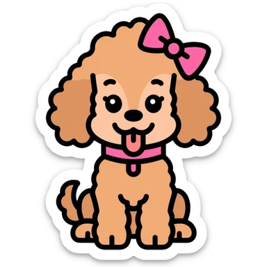 Cute brown poodle dog with a pink bow on its head and tail, with its tongue sticking out, and wearing a pink collar sticker