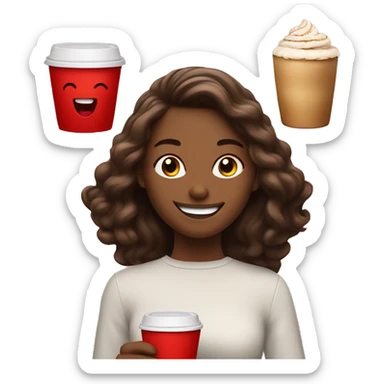 happy girl with coffee in a red cup in one hand and dessert in another  sticker