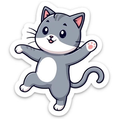 A grey cat with a white breast is dancing sticker