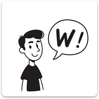 cheerful Hispanic teen with short black buzzcut, clean-shaven, speech bubble saying 'W' sticker