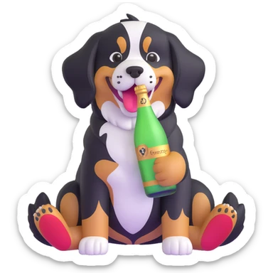 bernese mountain dog with a toy champagne bottle in its mouth sticker