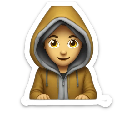 Young man with a hood behind his computer and focus on his code  sticker