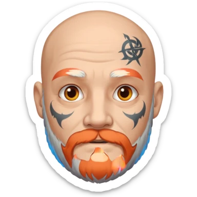 bald grey bearded man with face tattoo sticker