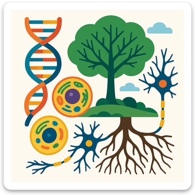 A realistic biological illustration (like in a school book) showing: DNA strands transitioning into a tree, cells with visible organelles, neurons connected to plant roots  and a balanced ecosystem background . Seamless integration, no labels or borders, complete white background (not off white!), detailed but minimalist.  sticker