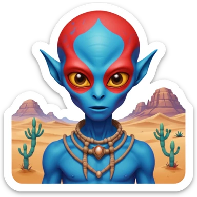 alien living in desert, dressed like a desert alien, red/blue colorful, accessories, just face  sticker