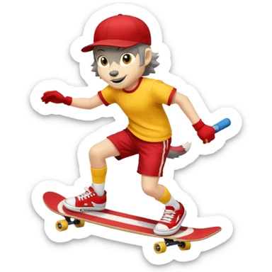 A gray wolf with large, expressive eyes and a friendly smile. The gray wolf is wearing a bright yellow T-shirt, red shorts, white knee socks, and sneakers. The baseball cap is on backwards. The wolf is preparing to perform a skateboarding trick. sticker