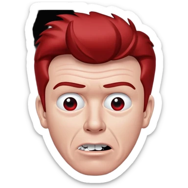 Mirrored Rick Astley with a kinda worried face but his upper teeth are sticking out and he’s really red and the background is pitch black sticker